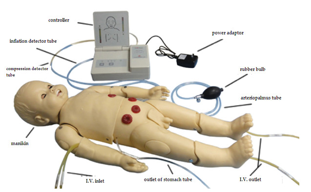 O simulador da auscultação ajustou-se/manequim pediatra da simulação com gerador de ECG
